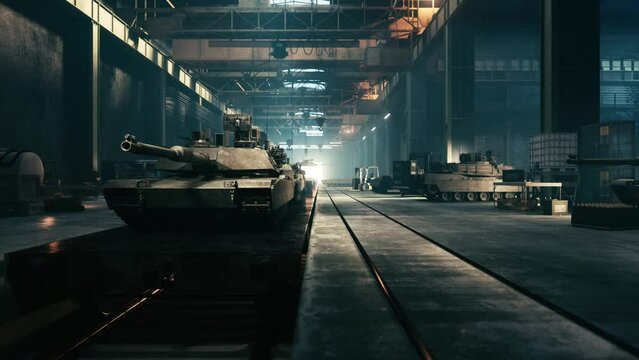 Production of military tanks at the factory. Military factory weapon Battle tanks. 3d animation