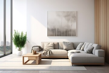 Bright living room interior with white empty wall,Generative AI