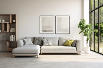 Fototapeta na wymiar Bright living room interior with white empty wall,Generative AI