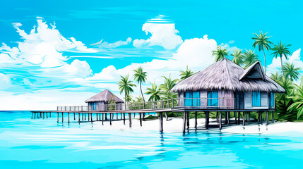 Beautiful tropical Maldives island with beach and sea. Digital painting.AI Generated