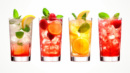 Cocktails with fruits and ice on white background. Alcoholic drinks.AI Generated