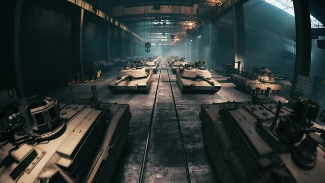 Military tank factory. modern military factory. Industry line of war technology. 3d animation