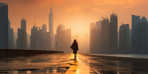 woman walking on street in city with skyscrapers