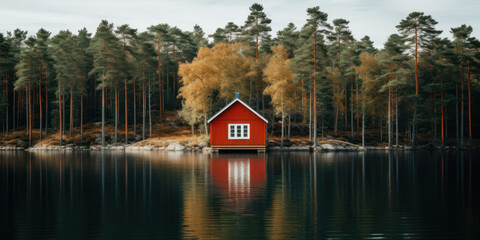 Obraz premium a small red Scandinavian near the water of lake in a forest