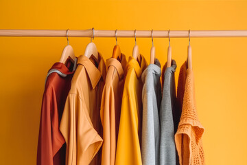 Fashionable clothes on hangers on a wardrobe rack with orange wallpaper background. Generative AI