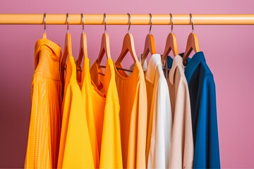 Fashionable clothes on hangers on a wardrobe rack with orange wallpaper background. Generative AI