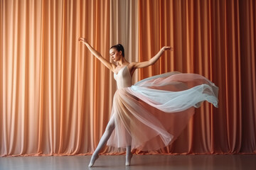 Fototapeta na wymiar Beautiful attractive ballerina dancing in long ballerina natural color tutu, esthetically pleasing. Generative AI