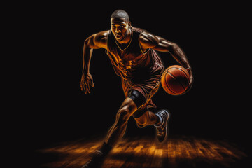 Fototapeta na wymiar african american basketball player shooting a basketball into the hoop, very athletic looking, in jumping. Generative AI
