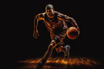 Fotobehang african american basketball player shooting a basketball into the hoop, very athletic looking, in jumping. Generative AI © VisualProduction