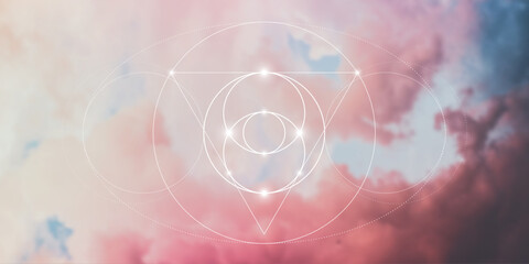Obraz premium Sacred geometry spiritual new age futuristic illustration with interlocking circles, triangles and glowing particles. Formula of nature.