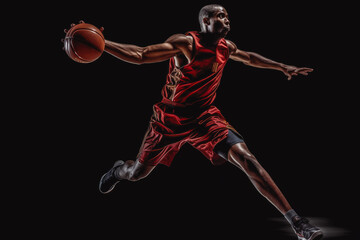 Obraz premium african american basketball player shooting a basketball into the hoop, very athletic looking, in jumping. Generative AI