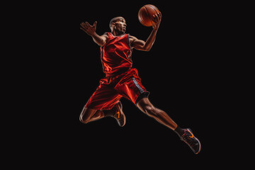 Plakat african american basketball player shooting a basketball into the hoop, very athletic looking, in jumping. Generative AI