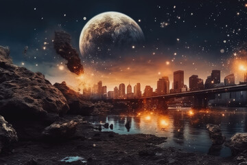 Meteorites falling on metropolis, dramatic apocalypse, end of the world. Generative AI - obrazy, fototapety, plakaty
