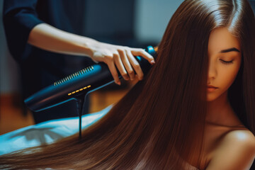Fototapeta premium Beautiful young woman getting a fresh hair style in the salon, looking good, feeling happy. Generative AI