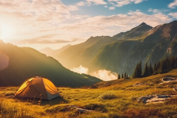 Tent in the mountains with a beautiful sunrise in the background. Generative AI