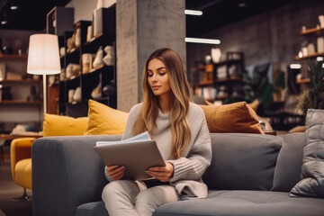 young beautiful woman examining furniture for sale at modern furniture shop,choosing the right furniture. Generative AI