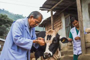 Veterinarian examining a cow and hers health condition outside, wild animal check up, sick animal. Generative AI