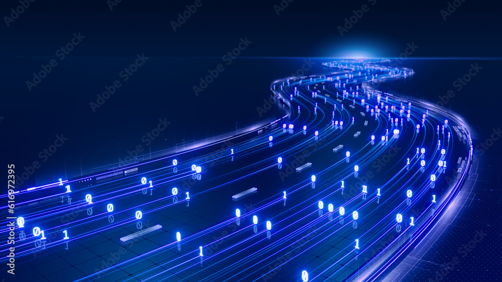 Poster sreaming data, binary data moving on a digital road - digital code road concept - 3d illustration