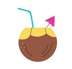 Pina colada cocktail in coconut with slice of pineapple and umbrella. Vector icon