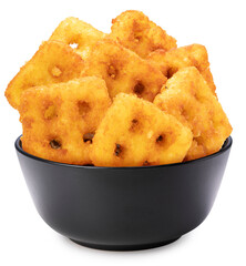 Hash Browns in black bowl isolated on white background, Crispy Hash Browns on white With clipping path.