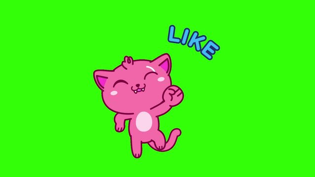 Pink Cat with Thumbs Up and Like text Typography background animated logo symbol, social media, green screen