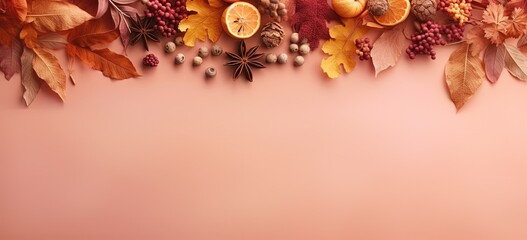 dry leaves with seed and berries autumn banner background, blank empty plain color background with copy space  Generative Ai