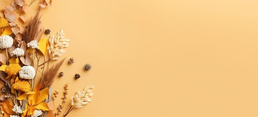 dry leaves with seed and berries autumn banner background, blank empty plain color background with copy space  Generative Ai