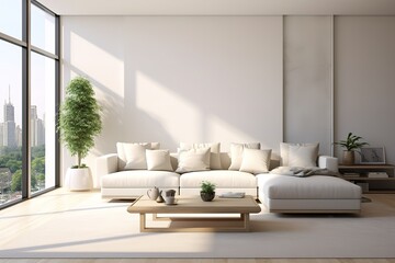 Fototapeta na wymiar White minimalist living room interior with sofa on a wooden floor, decor on a large wall, white landscape in window. Home Nordic interior | Scandinavian interior poster mock up,Generative AI.