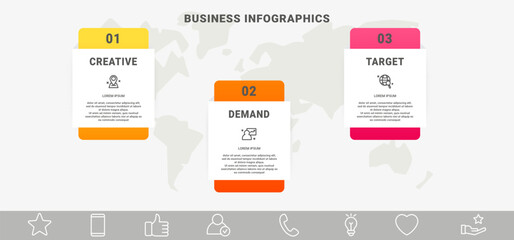 Naklejka premium Modern vector infographics with three rectangles. Business template with graphic 3 steps for diagram, web, banner, presentations, flowchart, content, levels, chart, graphic, timeline
