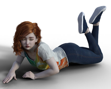 3d Illustration of a thoughtful teen girl dressed in casual clothing, lying on the floor with her legs in the air