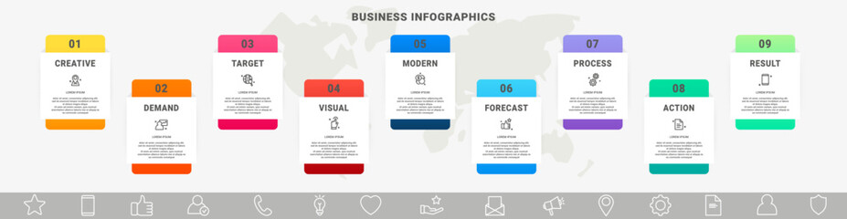 Modern vector infographics with nine rectangles. Business template with graphic 9 steps for diagram, web, banner, presentations, flowchart, content, levels, chart, graphic, timeline