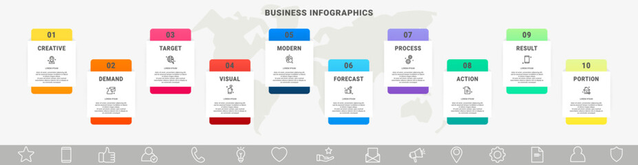 Modern vector infographics with 10 rectangles. Business template with graphic ten steps for diagram, web, banner, presentations, flowchart, content, levels, chart, graphic, timeline