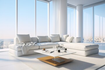 Fototapeta na wymiar Modern white living room interior 3d rendering image.A blank wall with pure white. Decorate wall with extrude horizon line pattern and hidden warm light,Generative AI