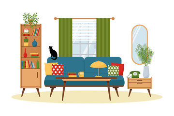 Vintage living room interior with wardrobe and sofa. Retro furniture set in 60s style. Flat vector illustration.