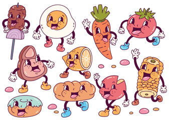 Set of cartoon food character in retro style illustration