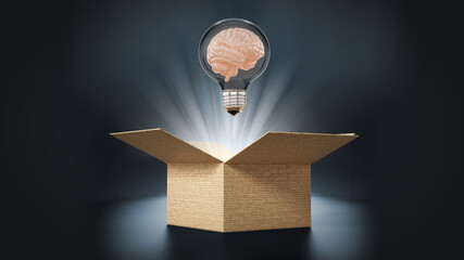 Brain in lightbulb coming out of the box. 3D illustration - obrazy, fototapety, plakaty