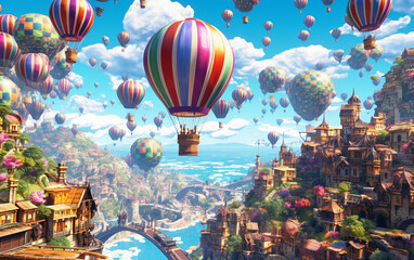 Fototapeta premium Hot air balloons. Floating hot air balloons that resemble the aerial views of medieval European cities. Generative AI