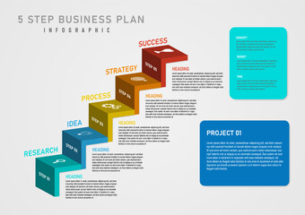Fototapeta premium 3D multi colored square stair step infographics 5 Steps to Successful Business Planning Isometric white icons on the top right with colored frames placed lettering. gray gradient background