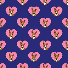 Basenji dog with paws pattern, Valentine's day heart wallpaper. Love heart with pet head holiday texture. Dog face Holding Heart Cartoon square violet background. St Valentine's day present paper. 