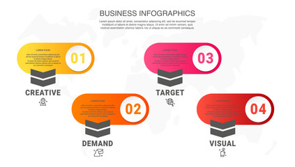 Vector modern infographic with 4 circles and arrows. 3D concept graphic process template with four steps and icons. Timeline for the business project on white background
