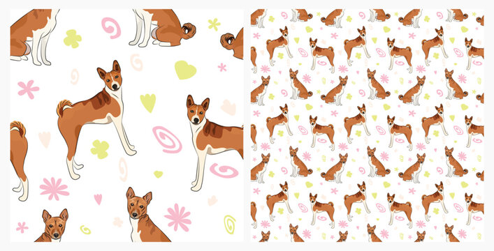 Creative spring pattern with spirals, leaf, flowers, golden retriever dogs. Pastel colors. Elegant, soft seamless background, abstract summer pattern with hand-drawn colorful shapes and Basenji 