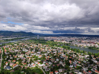 view over the Vienna and Danube river seen from the top of the Danube tower in bright spring day