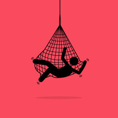 Man caught in a net trap and hung up. Vector illustration depicts concept of trap, tangled, problem, helpless, restrained, tricked, crisis, and entangled. - obrazy, fototapety, plakaty