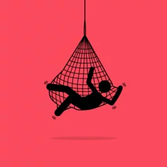 Foto op Canvas Man caught in a net trap and hung up. Vector illustration depicts concept of trap, tangled, problem, helpless, restrained, tricked, crisis, and entangled. © leremy