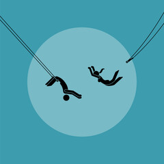 Two trapeze artist performing in acrobatic circus aerial stunt. Vector illustration depicts concept of trust, reliability, confidence, belief, entrust, commitment, and faith.