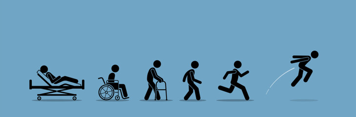 A sick injured person recover and regain his health after step by step rehabilitation and health improvement.  Vector illustration depicts concept of healing, healthy again, and getting better.