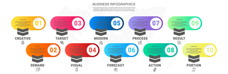 Vector modern infographic with 10 circles and arrows. 3D concept graphic process template with ten steps and icons. Timeline for the business project on white background