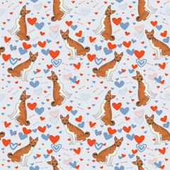 Fototapeta premium Basenji dog Valentine's day bright heart wallpaper. Love doodles hearts holiday square background, repeatable pattern. St Valentine's day wallpaper, valentine's present, print tiles. Pastel colors.