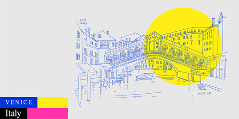 Vector Venice, Italy, Europe postcard. Famous Rialto bridge across Grand canal. Artistic Venezia travel sketch drawing in bright vibrant colors. Modern hand drawn touristic poster, book illustration