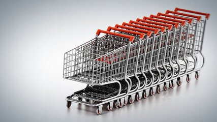 Stack of shopping carts isolated on white background. 3D illustration